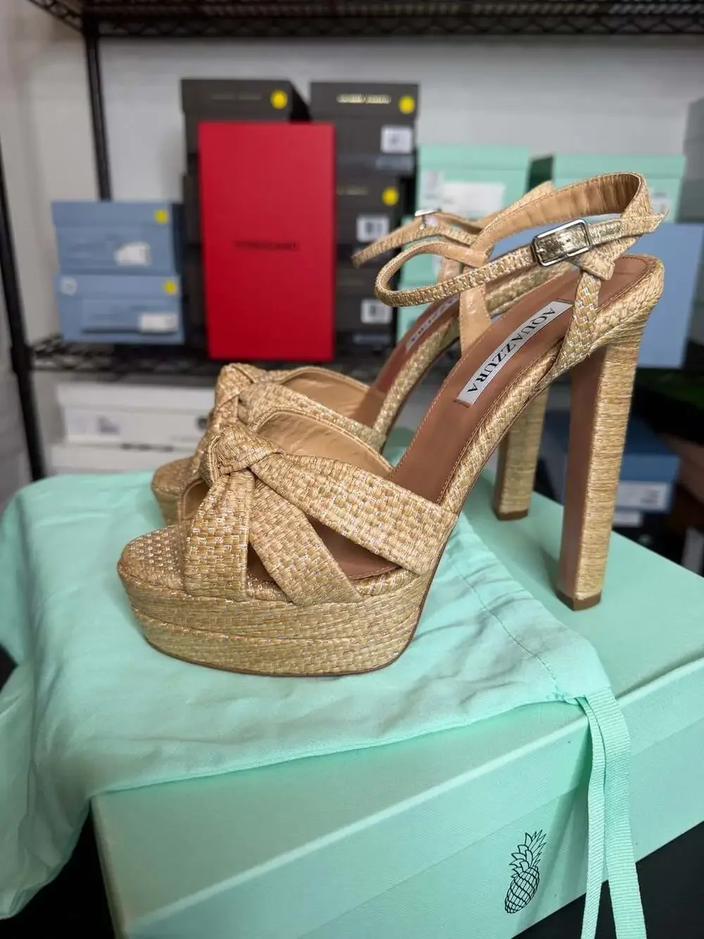 Aquazzura Nina Plateau 130 Natural  Raffia Platform Sandals EU 39 MSRP $1,300